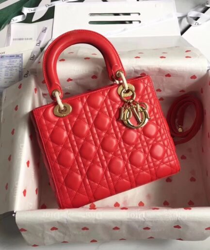 Dior Lady Medium - Red Cannage Lambskin - GHW 24cm