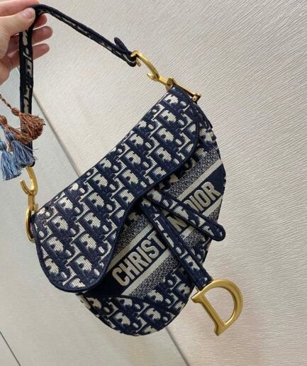 Dior Medium Saddle Bag - Blue Oblique Embroidery - GHW 25.5cm