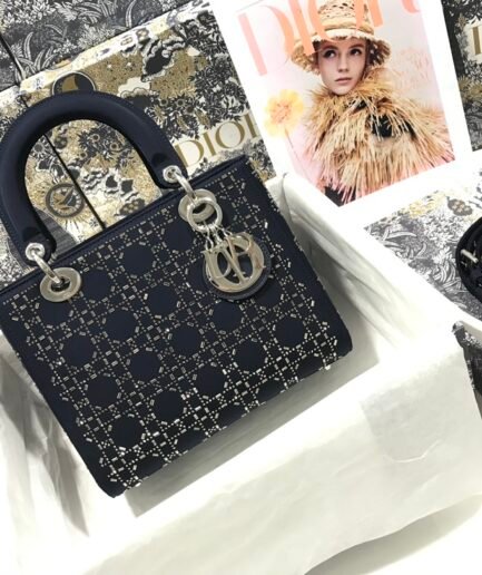 Dior Lady Medium - Black Strass Cannage - Satin Silver Hardware 24cm