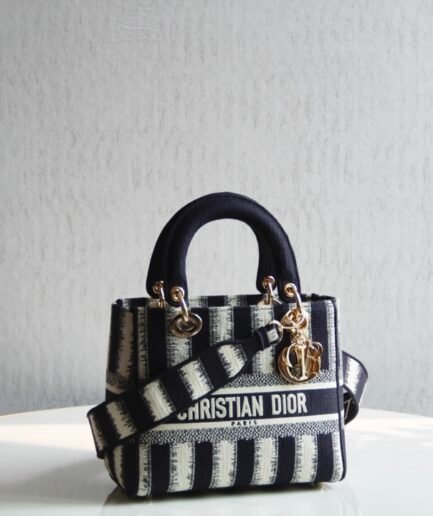 Dior Lady D-lite Medium - Blue D-Stripes Embroidery - 24cm GHW