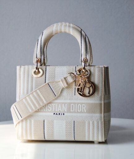 Dior Lady D-Lite Medium - Striped Off-White Embroidery - 24cm GHW