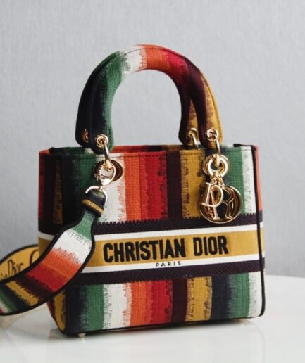 Dior Lady D-Lite Medium - Multicolor Striped Embroidery - 24cm GHW