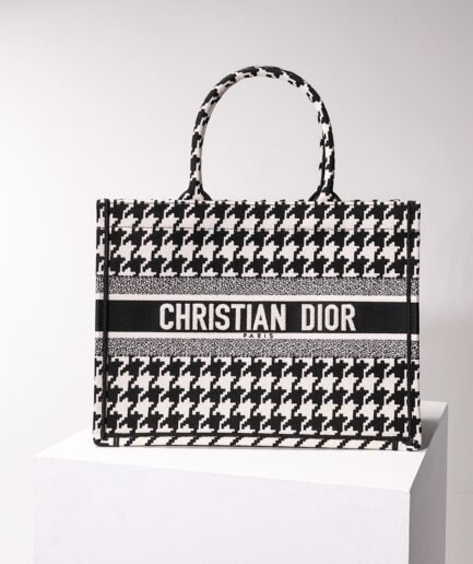 Medium Dior Book Tote - Black and White Macro Houndstooth - 36.5cm