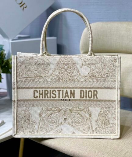 Medium Dior Book Tote - Gold-Tone Toile de Jouy Embroidery - 36.5cm