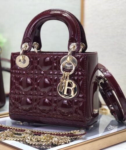Dior Mini Lady - Patent Leather - Burgundy - 17cm