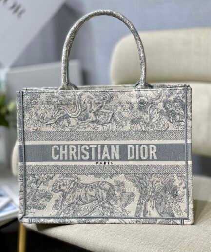 Medium Dior Book Tote - Gray and Ecru Toile de Jouy - 36.5cm