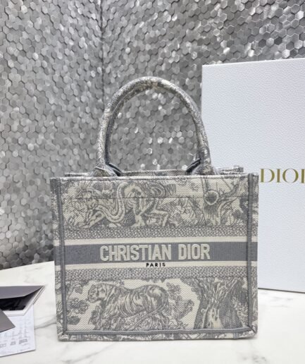 Small Dior Book Tote - Gray Toile De Jouy Embroidery - 26.5cm