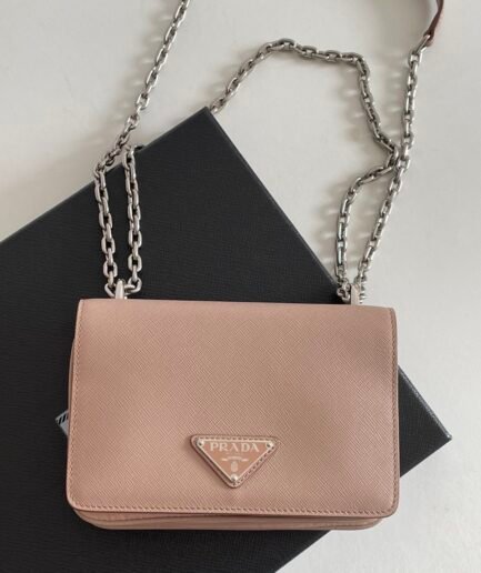 Prada Saffiano Leather Chain Shoulder Bag - Beige SHW
