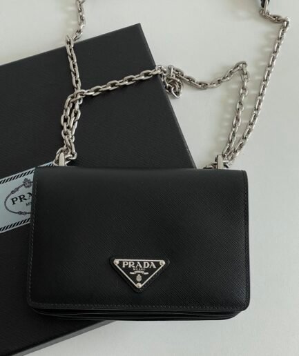 Prada Saffiano Leather Chain Shoulder Bag - Black SHW