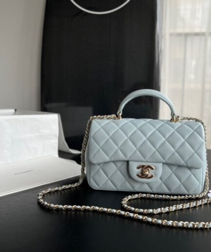 Chanel Classic Flap Mini Top Handle - Light Blue GHW - 20cm - AS2431