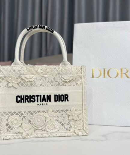 Small Dior Book Tote - D-Lace Macrame White - 26.5cm