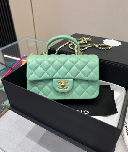 Chanel Classic Flap Mini Top Handle - Light Emerald Green GHW - 20cm - AS2431