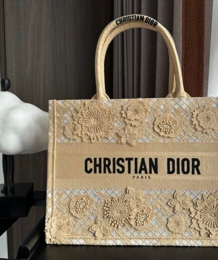 Small Dior Book Tote - Beige D-Lace Butterfly Macrame - 26.5cm