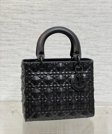 Medium Lady Dior - Lambskin Cannage Diamond - All Black - 24cm